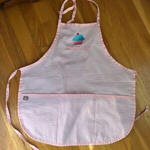 Caroline Personalized Seersucker Pink Kids Apron with Cupcake Design